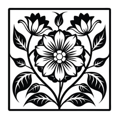 Black and White Floral Ornament in a Square Frame with Symmetrical Design