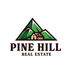 Pine Hill Real Estate logo featuring a house nestled in mountains.