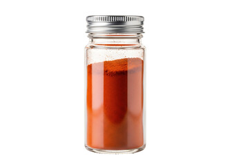 A clear glass spice jar, filled with vibrant red paprika powder, is displayed against a stark black background.