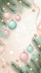Pastel christmas background with pink and teal baubles pine branches and ribbon