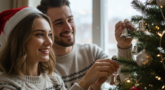 happy couple decorating christmas tree with silver bells by window in cozy festive home interior - Powered by Adobe