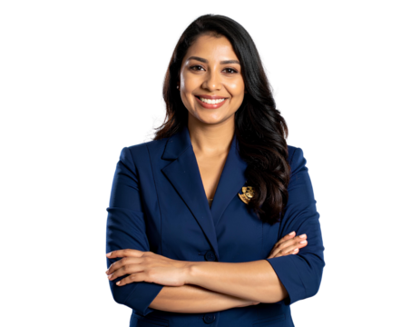 A smiling beautiful customer service support agent in dark blue uniform isolated on a transparent background.