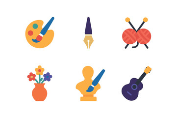 vector colorful flat filled icons stillheartedness (creative): brush painting calligraphy knitting flower arranging sculpting music practice.