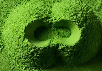 Vibrant green matcha powder artfully arranged with a double indentation creating a unique abstract pattern