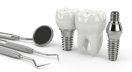 Dental Implants and Instruments on White Background Oral Health Concept
