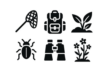 vector solid black filled icons entomologist (forest study): butterfly net backpack leafy ground small beetle binoculars wildflowers.