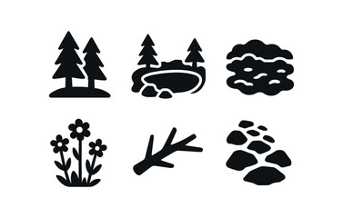 Obraz premium vector solid black filled icons crater lake (forest rim): pine trees rocky path turquoise water mossy ground wildflowers fallen branch.