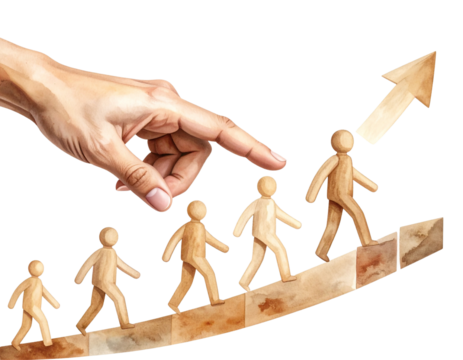 Artistic Watercolor Illustration of Hand Guiding Wooden Figures Upward on Growth Arrows, Transparent Background - Powered by Adobe