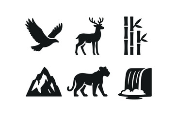 vector solid black filled icons graceful strength (nature): eagle in flight deer standing tall bamboo glacier lioness flowing waterfall.