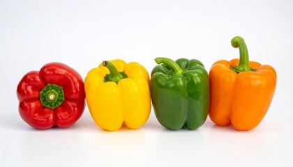Bell Peppers on Isolated White Background – Sweet Capsicum Varieties in Red, Green, Yellow and Orange with Glossy Surface
