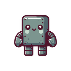 A cheerful cartoon robot character with a rectangular body and arms, set against a simple background