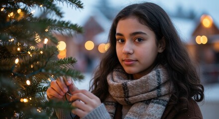 young woman decorating christmas tree with lights in winter evening festive holiday atmosphere