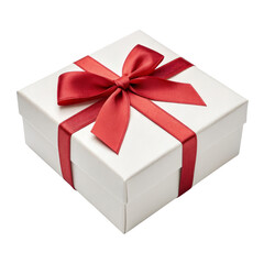 Fototapeta premium White Gift Box with Red Ribbon, Isolated on Transparent Background, Present, Holiday, Packaging, Gift, Celebration, Decoration