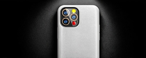 Close-up of a white phone case showcasing camera detail on a black background