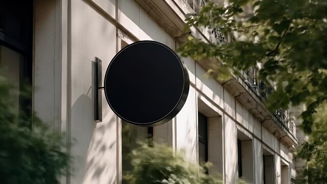 Black circular sign on a light beige building facade with greenery