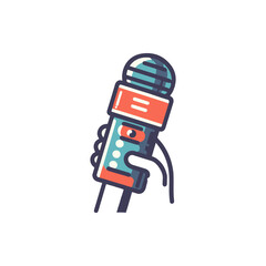 A colorful hand holding a microphone, ready for a performance on a vibrant stage