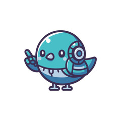 Obraz premium A cute cartoon bird character with a robotic arm, gesturing as if sharing knowledge, set against a simple white background