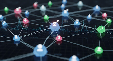 Social network data visualization: connections between users and conversation topics in a network graph. Photorealistic, HD.