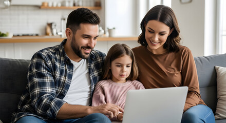 Happy family using laptop together at home enjoying quality time bonding parents child technology internet connection home life family moments