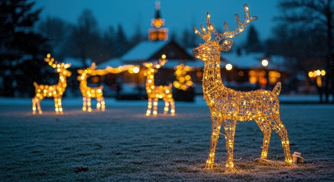 festive illuminated reindeer sculptures in snowy park evening during christmas holiday season - Powered by Adobe