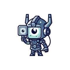 Fototapeta premium A futuristic robot character holding a camera, set against a minimalistic background, capturing a moment