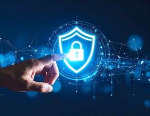 Hand interacting with a glowing digital shield and lock graphic