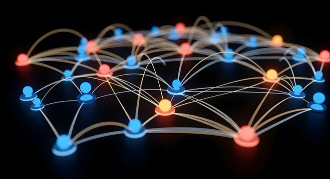 Social network data visualization: connections between users and conversation topics in a network graph. Photorealistic, HD.