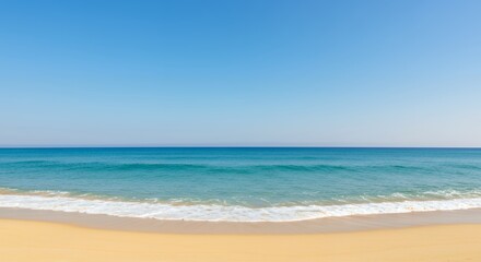 Fototapeta premium A serene view of a tropical paradise beach with golden sand, turquoise ocean waves, and a clear blue sky