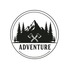 Mountain, forest, and axe emblem. Adventure awaits!