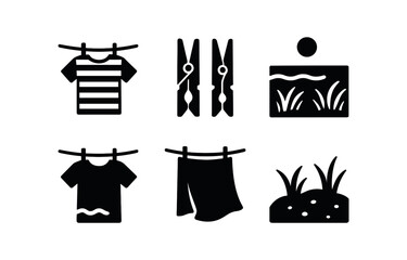 Fototapeta premium vector solid black filled icons washing line outdoors (coastal breeze): striped shirts metal pegs sea view dune grass fluttering towels sandy ground.
