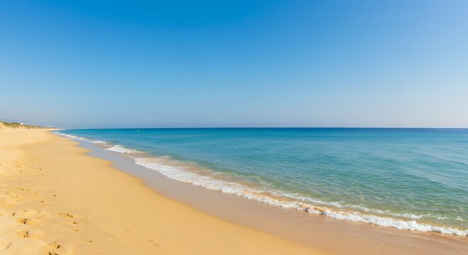 Serene coastal landscape of an empty sandy beach meeting the tranquil blue ocean on a sunny day, creating a peaceful and idyllic scene - Powered by Adobe
