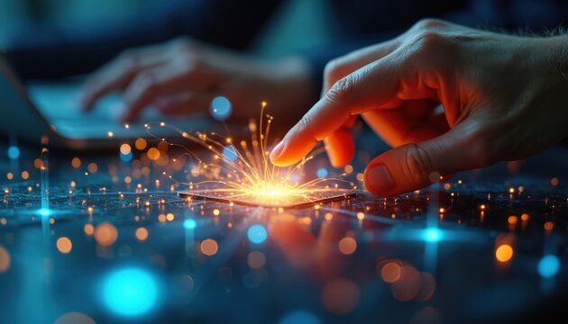 Hand interacts with glowing digital interface, creating connections, sparking innovation. Person uses technology in high-tech workspace for content creation, business collaboration. Focus on team