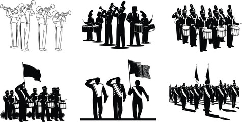 Marching band silhouettes, musicians with instruments, parade performers, flag bearers, drummers, trumpet players, marching formation, band performance illustration © Sabbir's World
