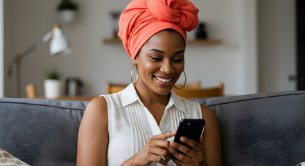 Smiling woman using smartphone at home modern apartment technology lifestyle happy african american female texting social media communication