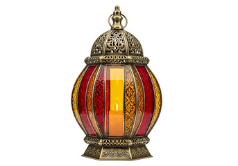 Ornate, decorative candle lantern with intricate details and vibrant stained glass panels in warm hues.