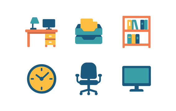 vector colorful flat filled icons transcriber (office): neat desk filing tray bookshelves clock chair monitor.
