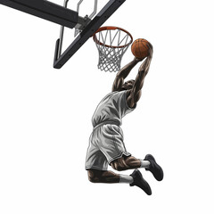 Realistic vector illustration of basketball slam dunk from below angle
