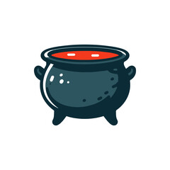 A whimsical black cauldron filled with bubbling red liquid, set against a simple white background