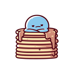 A whimsical blue character resting on a stack of pancakes with syrup, set against a simple background
