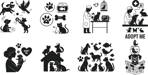 Pet care, vet clinic, animal adoption, dog and cat icons, animal shelter, veterinary services, pet shop, rescue illustration
