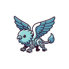 A whimsical robotic griffin with teal wings and mechanical limbs, set against a minimalist backdrop