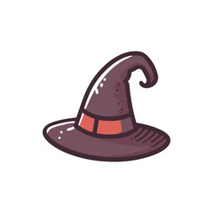 A whimsical witch hat with a curled tip and a red band, set against a plain white background