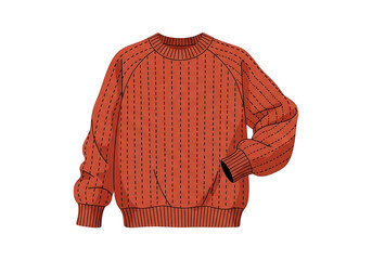 A rust-colored, ribbed-knit sweater illustration, featuring detailed stitch patterns and long sleeves.