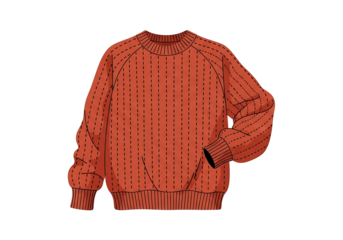 A rust-colored, ribbed-knit sweater illustration, featuring detailed stitch patterns and long sleeves.