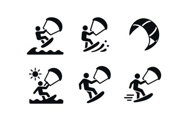 vector solid black filled icons kitesurfing (wave jump): mid air spray trail clear sky colorful kite stance speed.
