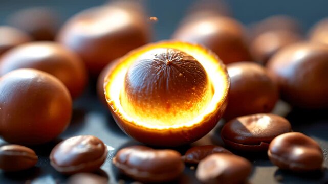 Shiny Chocolate candies: A close-up shot of lustrous chocolate candies, one perfectly sliced, revealing a delectable center bathed in an ethereal glow. A treat for the eyes and the taste buds.