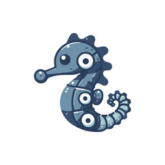 Cartoon seahorse character with mechanical features swimming in a vibrant ocean setting