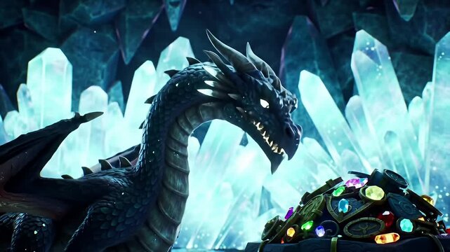 Dark dragon guards a jeweled treasure chest in a crystalline cavern setting