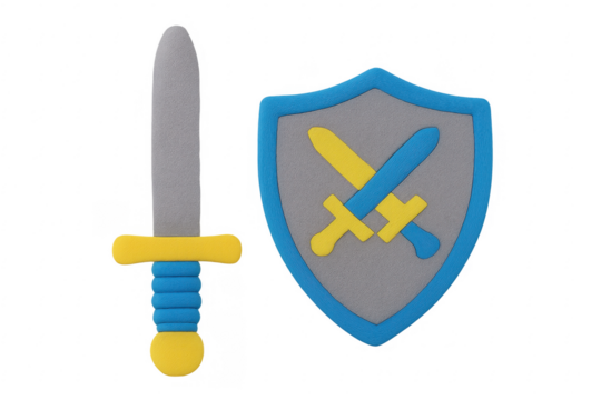 Playful clay sword and shield representing security on transparent background