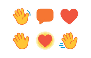 Obraz premium vector colorful filled icons mixed signals (wave hello): hand wave chat bubble heart dot shadow smear glow rim motion lines.